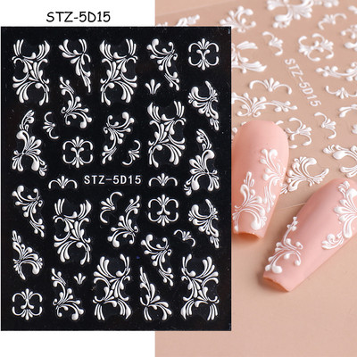 5D Nagu Uzlīmes Mežģīnes Roze Balts Reljefs Slīdņi Kāzu Nail Art Dizains Akrils Iegravēts Ziedu Uzlīmes Manikīra Dekors FBSTZ5D-1