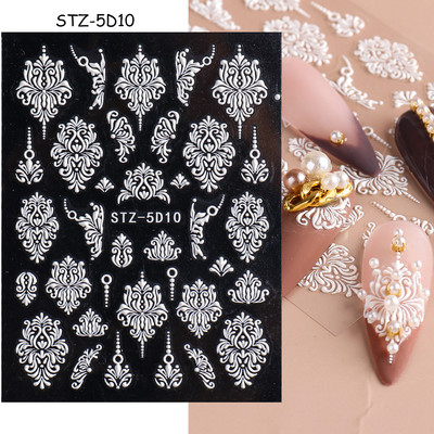 5D Nagu Uzlīmes Mežģīnes Roze Balts Reljefs Slīdņi Kāzu Nail Art Dizains Akrils Iegravēts Ziedu Uzlīmes Manikīra Dekors FBSTZ5D-1