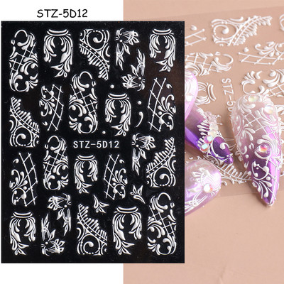 5D Nagu Uzlīmes Mežģīnes Roze Balts Reljefs Slīdņi Kāzu Nail Art Dizains Akrils Iegravēts Ziedu Uzlīmes Manikīra Dekors FBSTZ5D-1