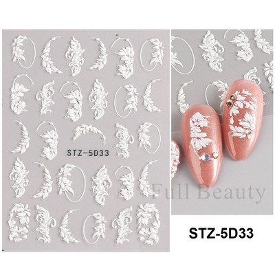 5D Nagu Uzlīmes Mežģīnes Roze Balts Reljefs Slīdņi Kāzu Nail Art Dizains Akrils Iegravēts Ziedu Uzlīmes Manikīra Dekors FBSTZ5D-1