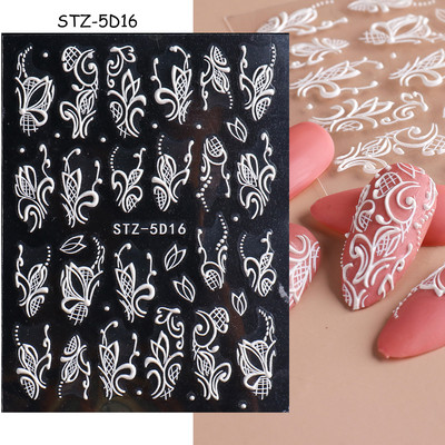 5D Nagu Uzlīmes Mežģīnes Roze Balts Reljefs Slīdņi Kāzu Nail Art Dizains Akrils Iegravēts Ziedu Uzlīmes Manikīra Dekors FBSTZ5D-1