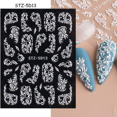 5D Nagu Uzlīmes Mežģīnes Roze Balts Reljefs Slīdņi Kāzu Nail Art Dizains Akrils Iegravēts Ziedu Uzlīmes Manikīra Dekors FBSTZ5D-1