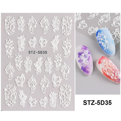 5D Nagu Uzlīmes Mežģīnes Roze Balts Reljefs Slīdņi Kāzu Nail Art Dizains Akrils Iegravēts Ziedu Uzlīmes Manikīra Dekors FBSTZ5D-1