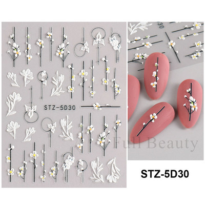 5D Nagu Uzlīmes Mežģīnes Roze Balts Reljefs Slīdņi Kāzu Nail Art Dizains Akrils Iegravēts Ziedu Uzlīmes Manikīra Dekors FBSTZ5D-1