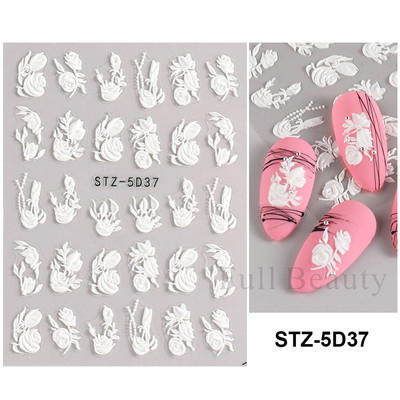 5D Nagu Uzlīmes Mežģīnes Roze Balts Reljefs Slīdņi Kāzu Nail Art Dizains Akrils Iegravēts Ziedu Uzlīmes Manikīra Dekors FBSTZ5D-1