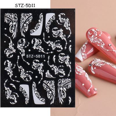 5D Nagu Uzlīmes Mežģīnes Roze Balts Reljefs Slīdņi Kāzu Nail Art Dizains Akrils Iegravēts Ziedu Uzlīmes Manikīra Dekors FBSTZ5D-1