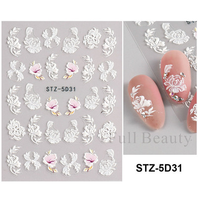 5D Nagu Uzlīmes Mežģīnes Roze Balts Reljefs Slīdņi Kāzu Nail Art Dizains Akrils Iegravēts Ziedu Uzlīmes Manikīra Dekors FBSTZ5D-1