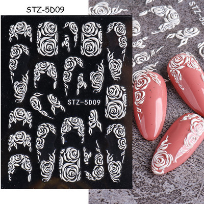 5D Nagu Uzlīmes Mežģīnes Roze Balts Reljefs Slīdņi Kāzu Nail Art Dizains Akrils Iegravēts Ziedu Uzlīmes Manikīra Dekors FBSTZ5D-1