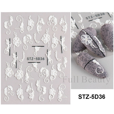 5D Nagu Uzlīmes Mežģīnes Roze Balts Reljefs Slīdņi Kāzu Nail Art Dizains Akrils Iegravēts Ziedu Uzlīmes Manikīra Dekors FBSTZ5D-1