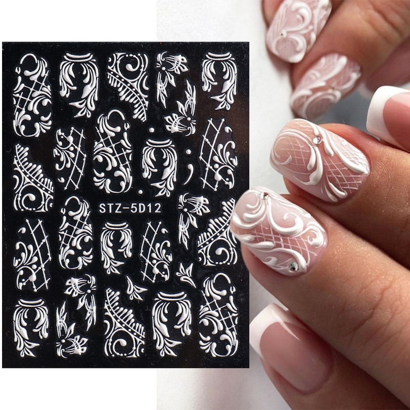 5D Nagu Uzlīmes Mežģīnes Roze Balts Reljefs Slīdņi Kāzu Nail Art Dizains Akrils Iegravēts Ziedu Uzlīmes Manikīra Dekors FBSTZ5D-1