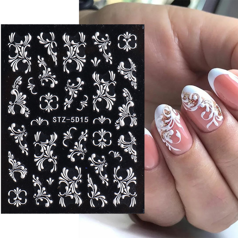 5D Nagu Uzlīmes Mežģīnes Roze Balts Reljefs Slīdņi Kāzu Nail Art Dizains Akrils Iegravēts Ziedu Uzlīmes Manikīra Dekors FBSTZ5D-1