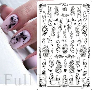 Бели черни дантелени флорални нокти 3D стикери Листа Цвете Пеперуда Прости плъзгачи Елегантен сватбен дизайн на ноктите Маникюр Декор CHF873