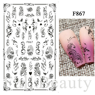 Baltas, melnas mežģīnes ziedu nagu 3D uzlīmes Lapu zieds tauriņš vienkārši slīdņi Eleganti kāzu nagu dizaina manikīra dekori CHF873