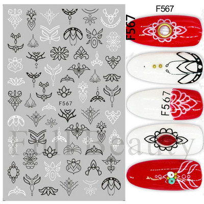 Baltas, melnas mežģīnes ziedu nagu 3D uzlīmes Lapu zieds tauriņš vienkārši slīdņi Eleganti kāzu nagu dizaina manikīra dekori CHF873