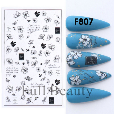 Baltas, melnas mežģīnes ziedu nagu 3D uzlīmes Lapu zieds tauriņš vienkārši slīdņi Eleganti kāzu nagu dizaina manikīra dekori CHF873