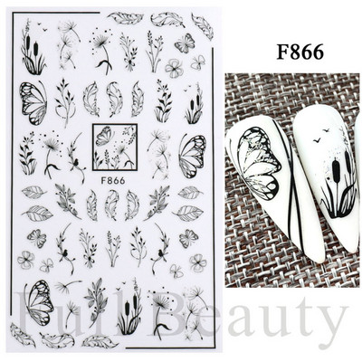 Baltas, melnas mežģīnes ziedu nagu 3D uzlīmes Lapu zieds tauriņš vienkārši slīdņi Eleganti kāzu nagu dizaina manikīra dekori CHF873