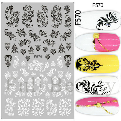 Baltas, melnas mežģīnes ziedu nagu 3D uzlīmes Lapu zieds tauriņš vienkārši slīdņi Eleganti kāzu nagu dizaina manikīra dekori CHF873