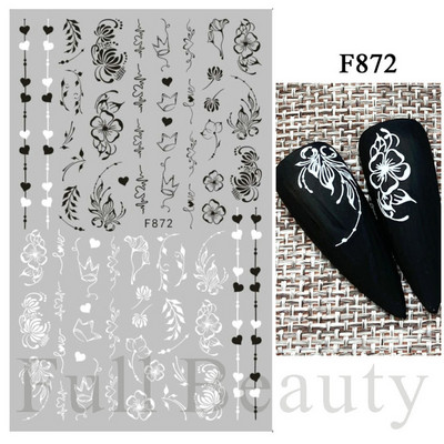 Baltas, melnas mežģīnes ziedu nagu 3D uzlīmes Lapu zieds tauriņš vienkārši slīdņi Eleganti kāzu nagu dizaina manikīra dekori CHF873