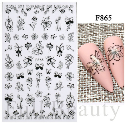 Baltas, melnas mežģīnes ziedu nagu 3D uzlīmes Lapu zieds tauriņš vienkārši slīdņi Eleganti kāzu nagu dizaina manikīra dekori CHF873