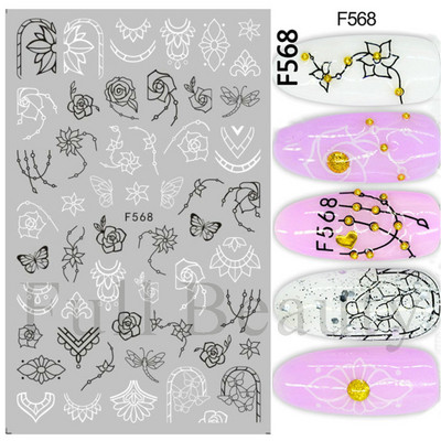 Baltas, melnas mežģīnes ziedu nagu 3D uzlīmes Lapu zieds tauriņš vienkārši slīdņi Eleganti kāzu nagu dizaina manikīra dekori CHF873