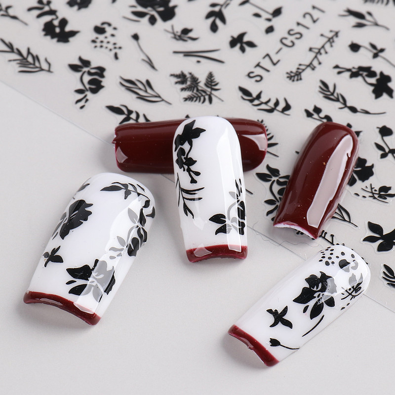 Fehér fekete levél körömmatricák nyári kis virágos 3D körömdíszítések öntapadó csúszó manikűr tetováló eszköz LASTZ-CS121