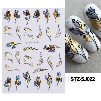 Laser Zlatno lišće Naljepnica za nokte Geometrija Cvijeće Leptir Ljepljivi klizači za nokte Svjetlucave naljepnice za manikuru Leaf Spring FBSTZ-SJ020