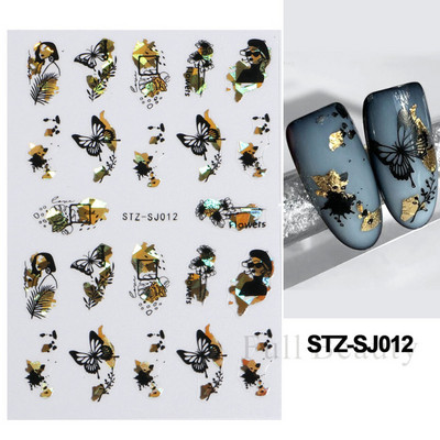 Laser Zlatno lišće Naljepnica za nokte Geometrija Cvijeće Leptir Ljepljivi klizači za nokte Svjetlucave naljepnice za manikuru Leaf Spring FBSTZ-SJ020