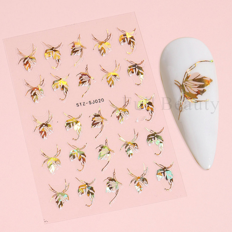 Laser Zlatno lišće Naljepnica za nokte Geometrija Cvijeće Leptir Ljepljivi klizači za nokte Svjetlucave naljepnice za manikuru Leaf Spring FBSTZ-SJ020