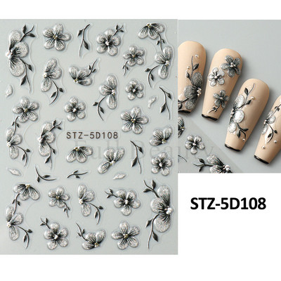 5D acrilic sclipici floare neagră nail art autocolante autocolant cerneală acuarelă înflorire frunze florale glisor auto-adeziv decor manichiură
