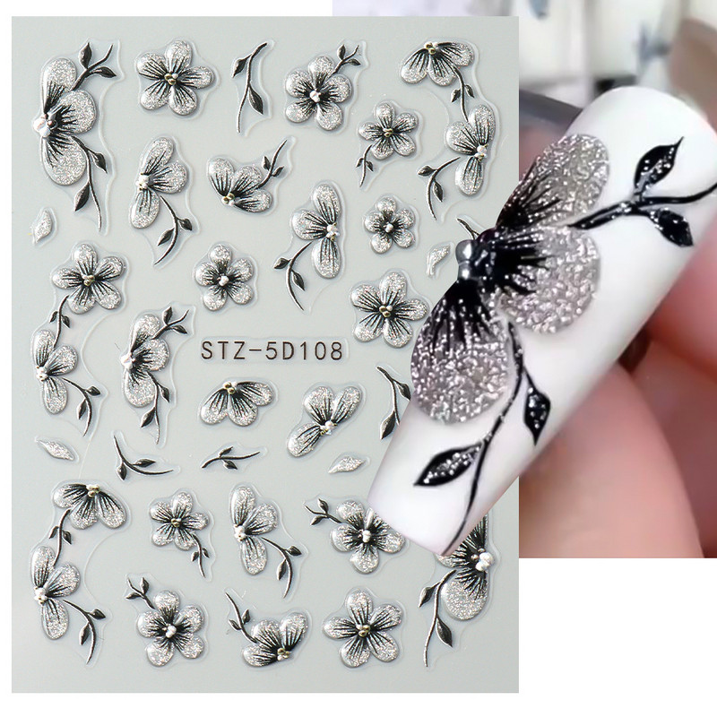 5D acrilic sclipici floare neagră nail art autocolante autocolant cerneală acuarelă înflorire frunze florale glisor auto-adeziv decor manichiură