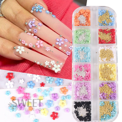 Kawaii mažų gėlių nagų pakabukų dalys mišrios plieno rutulinės akrilo gėlių krištolo papuošalai profesionalūs priedai Elegantiškas dekoras