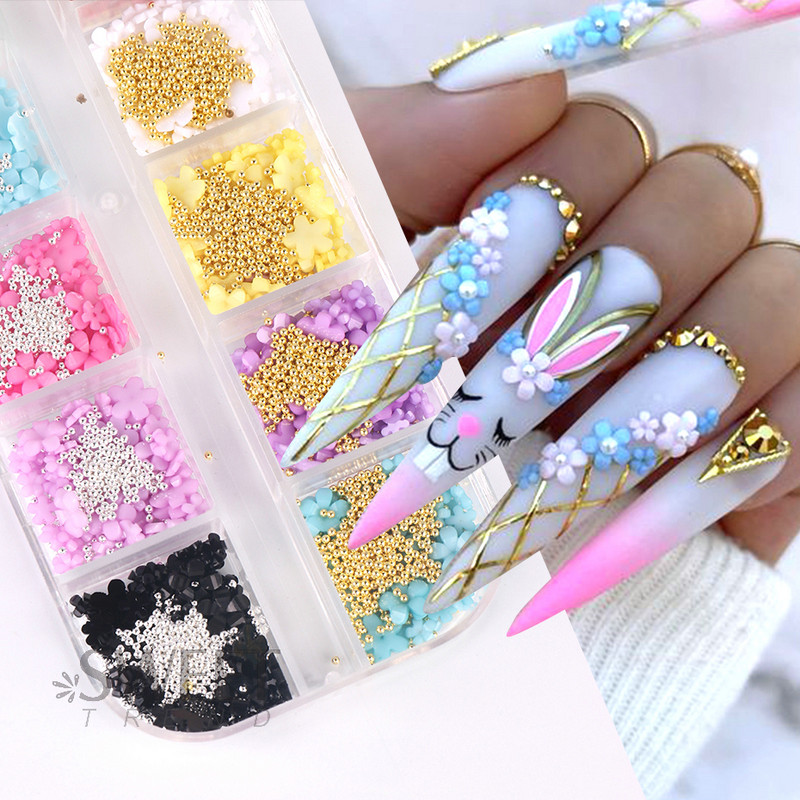 Kawaii mažų gėlių nagų pakabukų dalys mišrios plieno rutulinės akrilo gėlių krištolo papuošalai profesionalūs priedai Elegantiškas dekoras