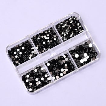 2 кутии, 6 решетки, черни прозрачни декоративни кристали за нокти, комплект кръгли плоски скъпоценни камъни Талисмани за нокти Консумативи за професионалисти