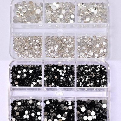 2 kastes 6 režģi, melni dzidri nagu mākslas rotājumi, rhinestones, apaļas plakanas dārgakmeņu komplekts nagu piekariņi profesionāliem