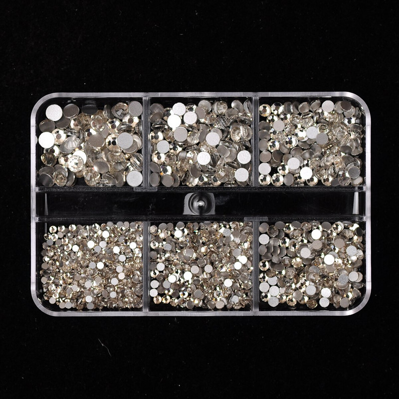 2 kastes 6 režģi, melni dzidri nagu mākslas rotājumi, rhinestones, apaļas plakanas dārgakmeņu komplekts nagu piekariņi profesionāliem