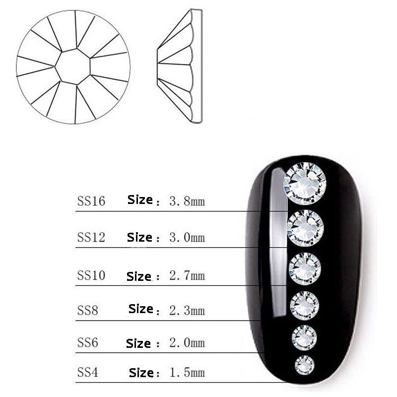 2 kastes 6 režģi, melni dzidri nagu mākslas rotājumi, rhinestones, apaļas plakanas dārgakmeņu komplekts nagu piekariņi profesionāliem