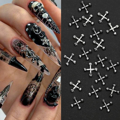 20/10Pcs Punk Cross Metal 3D Nail Charms Halloweed Ancient Gold/Silver Alloy Nail Art Decoration 4/6mm Cross Manicure