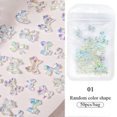 BORN PRETTY 50GAB/Somiņa jaukta izmēra sveķu nagu mākslas piekariņi 3D nagu Rhinestones Glitter Bowknot nagu rotaslietas apdares aksesuāri