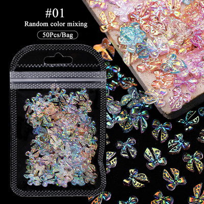 BORN PRETTY 50GAB/Somiņa jaukta izmēra sveķu nagu mākslas piekariņi 3D nagu Rhinestones Glitter Bowknot nagu rotaslietas apdares aksesuāri