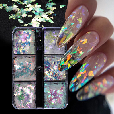 6 Grids AB Iridescent Nail Glitter Flakes Ακανόνιστη παγιέτα Aurora Sparkle Κρυστάλλινο γυαλί Fairy Paillette DIY Διακόσμηση Μανικιούρ Φέτα