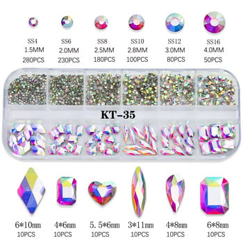 Горещи продавани 12 решетки Комплект бижута за изкуство за нокти със стрази Многоформени цветни талисмани за нокти с плоска гръб Диаманти 3D аксесоари за нокти