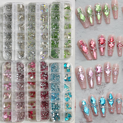 Hot Selling 12 Grids Nail Art Rhinestones Σετ κοσμημάτων Πολύχρωμα Flatback Nail Charms Διαμάντια 3D Αξεσουάρ νυχιών