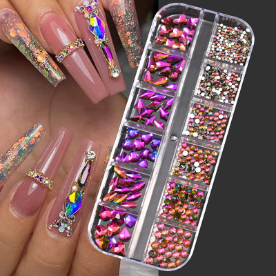 Hot Selling 12 Grids Nail Art Rhinestones Σετ κοσμημάτων Πολύχρωμα Flatback Nail Charms Διαμάντια 3D Αξεσουάρ νυχιών