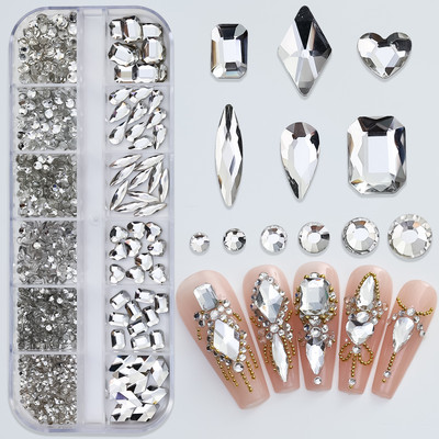 Hot Selling 12 Grids Nail Art Rhinestones Σετ κοσμημάτων Πολύχρωμα Flatback Nail Charms Διαμάντια 3D Αξεσουάρ νυχιών