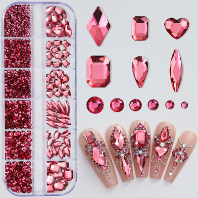 Hot Selling 12 Grids Nail Art Rhinestones Σετ κοσμημάτων Πολύχρωμα Flatback Nail Charms Διαμάντια 3D Αξεσουάρ νυχιών