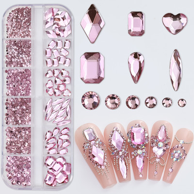Hot Selling 12 Grids Nail Art Rhinestones Σετ κοσμημάτων Πολύχρωμα Flatback Nail Charms Διαμάντια 3D Αξεσουάρ νυχιών