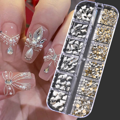 Hot Selling 12 Grids Nail Art Rhinestones Σετ κοσμημάτων Πολύχρωμα Flatback Nail Charms Διαμάντια 3D Αξεσουάρ νυχιών
