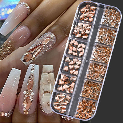 Hot Selling 12 Grids Nail Art Rhinestones Σετ κοσμημάτων Πολύχρωμα Flatback Nail Charms Διαμάντια 3D Αξεσουάρ νυχιών