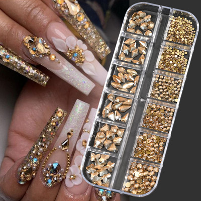Hot Selling 12 Grids Nail Art Rhinestones Σετ κοσμημάτων Πολύχρωμα Flatback Nail Charms Διαμάντια 3D Αξεσουάρ νυχιών
