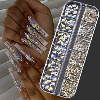 Hot Selling 12 Grids Nail Art Rhinestones Σετ κοσμημάτων Πολύχρωμα Flatback Nail Charms Διαμάντια 3D Αξεσουάρ νυχιών